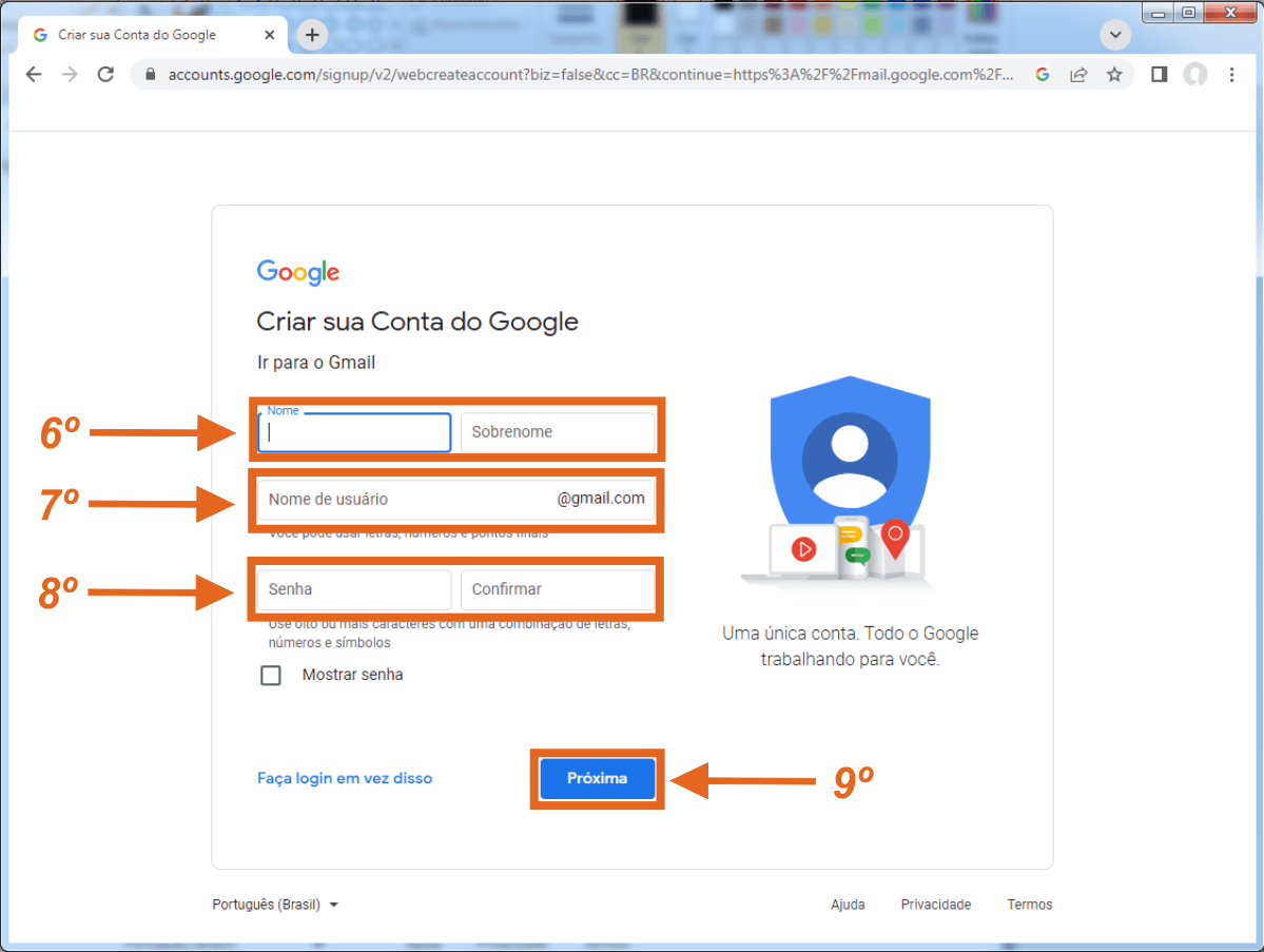 Preenchimento das informações para criar conta Google