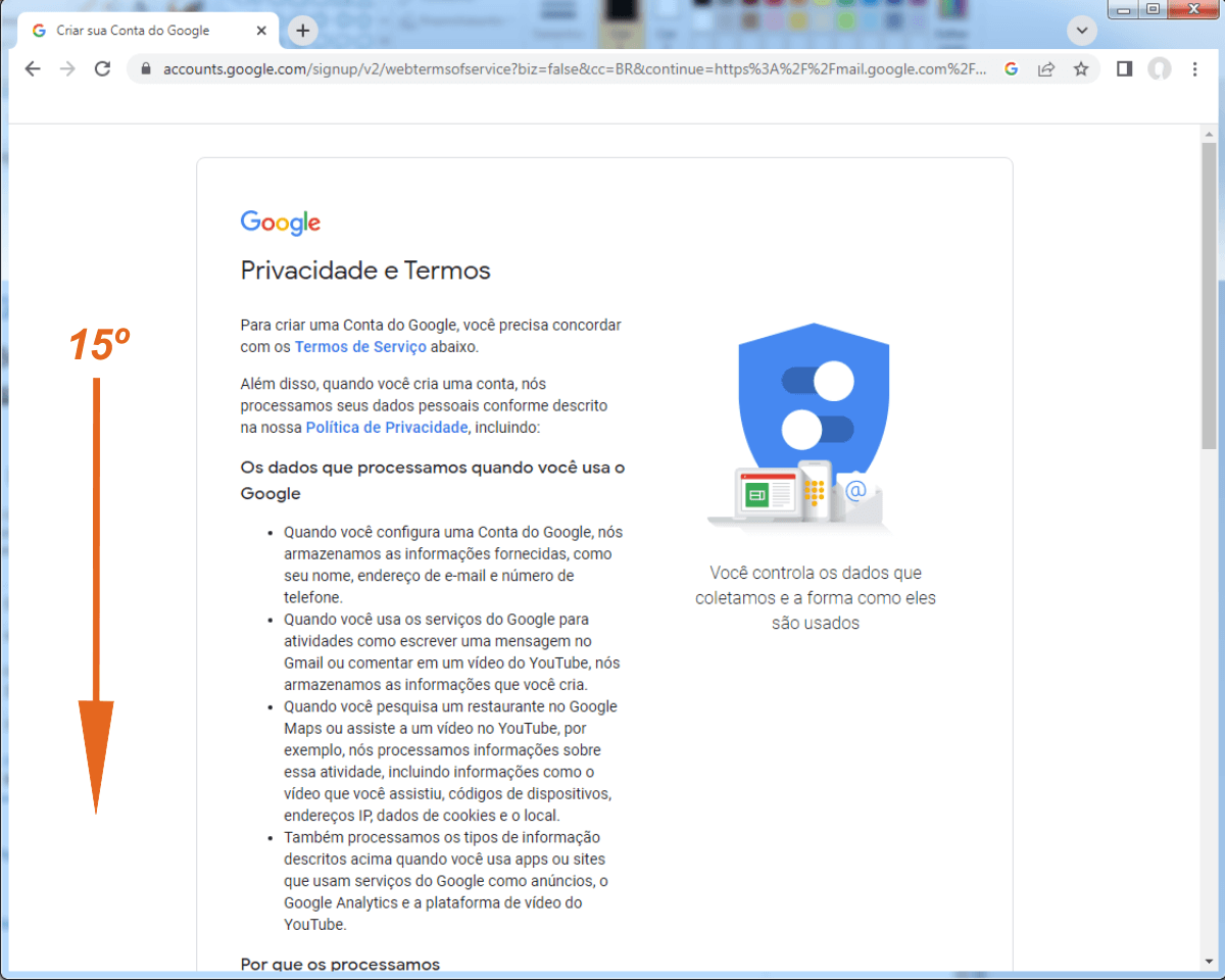 Preenchimento das informações para criar conta Google